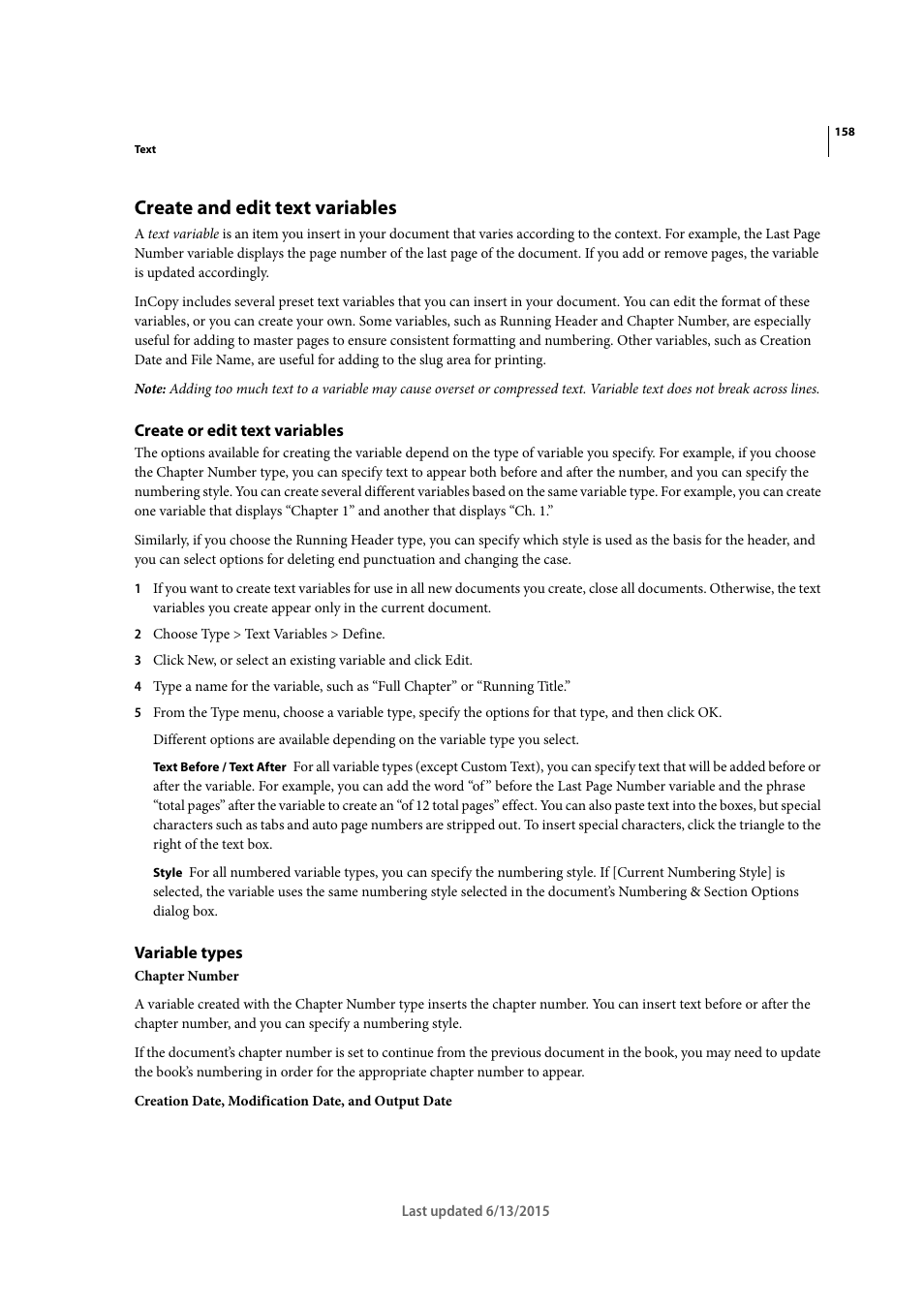 Create and edit text variables, Create or edit text variables, Variable types | Adobe InCopy CC 2015 User Manual | Page 161 / 393