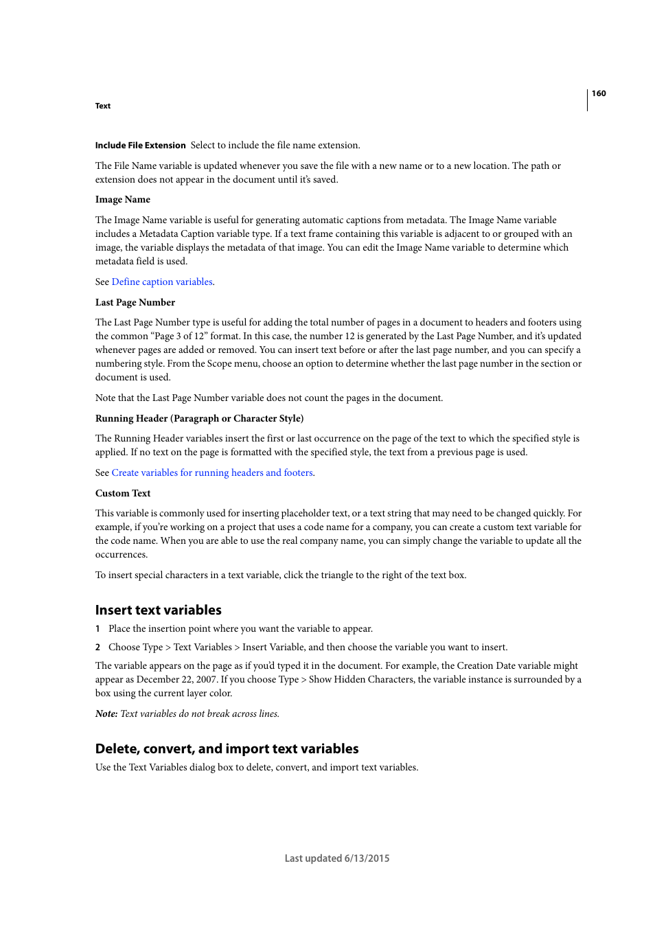 Insert text variables, Delete, convert, and import text variables | Adobe InCopy CC 2015 User Manual | Page 163 / 393