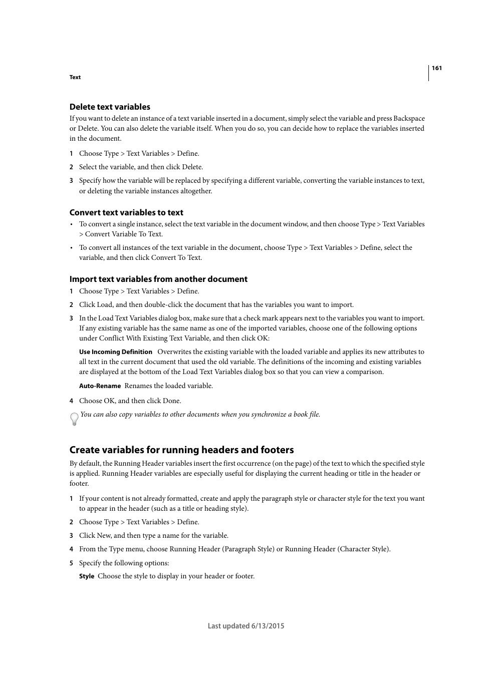 Delete text variables, Convert text variables to text, Import text variables from another document | Create variables for running headers and footers | Adobe InCopy CC 2015 User Manual | Page 164 / 393