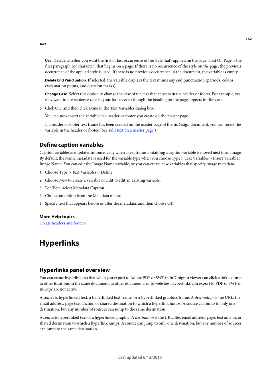 Define caption variables, Hyperlinks, Hyperlinks panel overview | Define, Caption variables | Adobe InCopy CC 2015 User Manual | Page 165 / 393