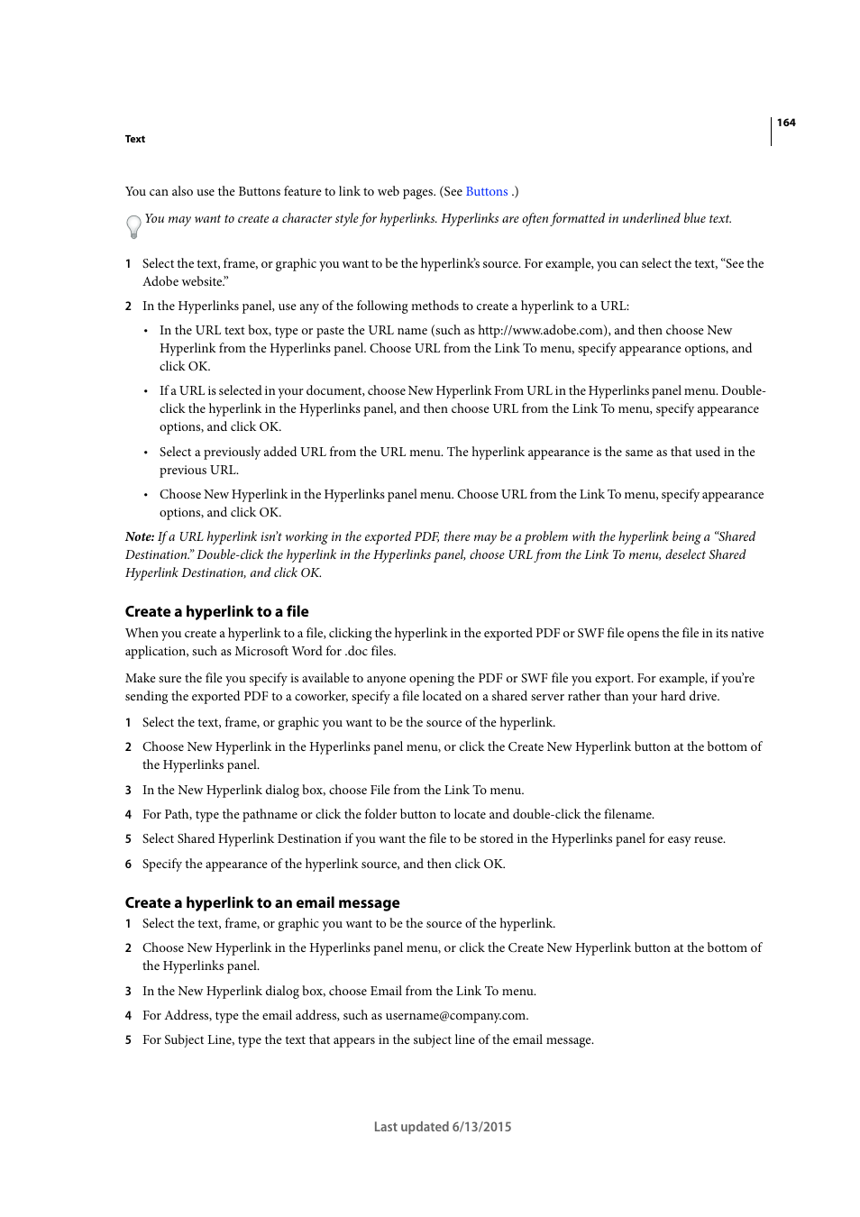 Create a hyperlink to a file, Create a hyperlink to an email message | Adobe InCopy CC 2015 User Manual | Page 167 / 393