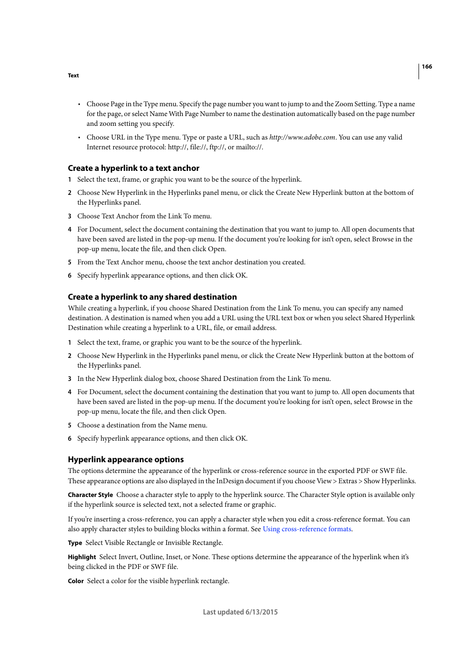 Create a hyperlink to a text anchor, Create a hyperlink to any shared destination, Hyperlink appearance options | Adobe InCopy CC 2015 User Manual | Page 169 / 393