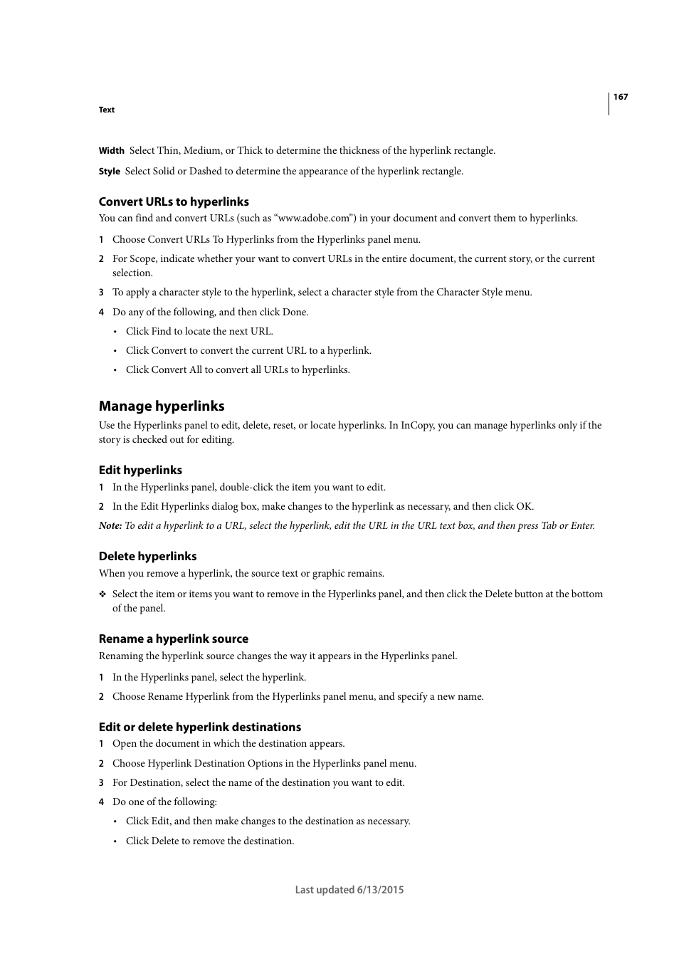 Convert urls to hyperlinks, Manage hyperlinks, Edit hyperlinks | Delete hyperlinks, Rename a hyperlink source, Edit or delete hyperlink destinations | Adobe InCopy CC 2015 User Manual | Page 170 / 393