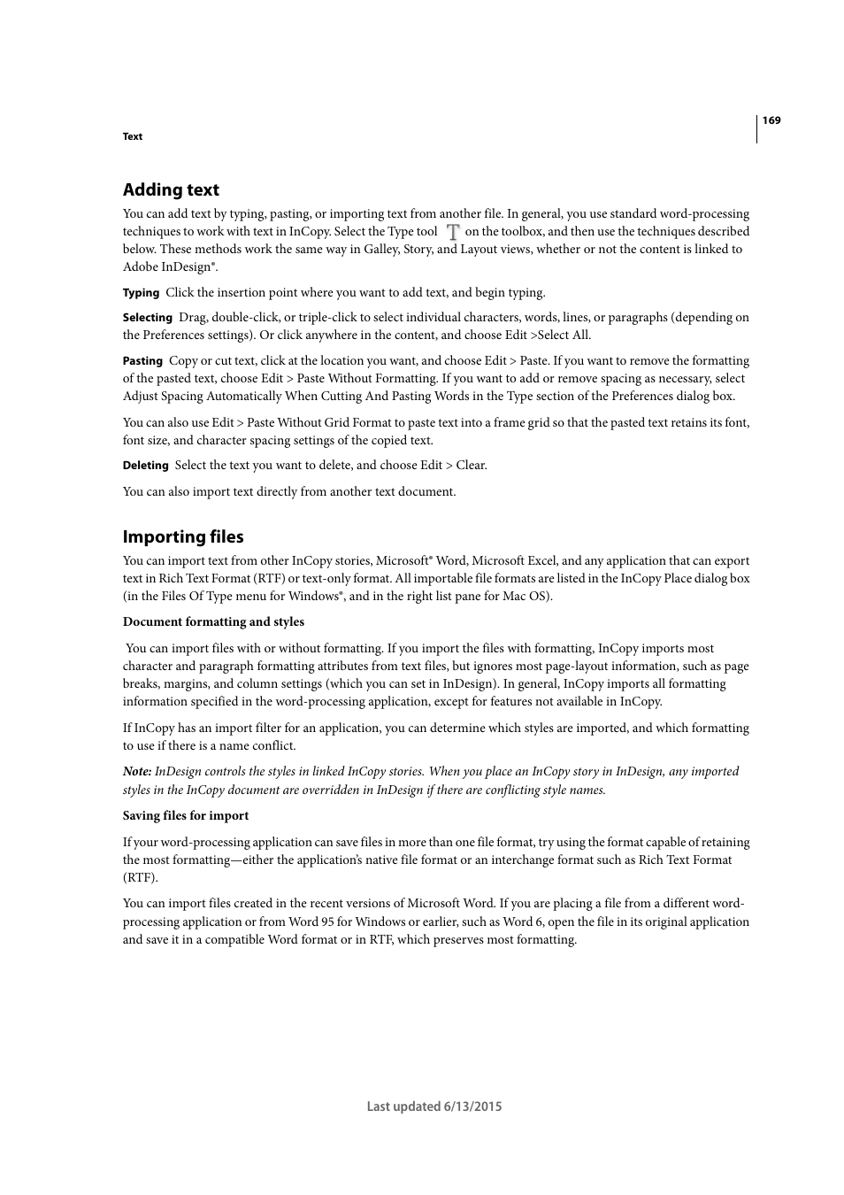 Adding text, Importing files | Adobe InCopy CC 2015 User Manual | Page 172 / 393