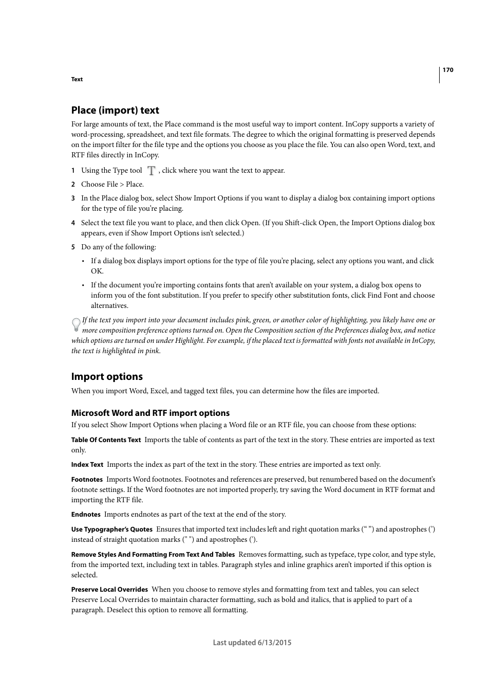 Place (import) text, Import options, Microsoft word and rtf import options | Adobe InCopy CC 2015 User Manual | Page 173 / 393