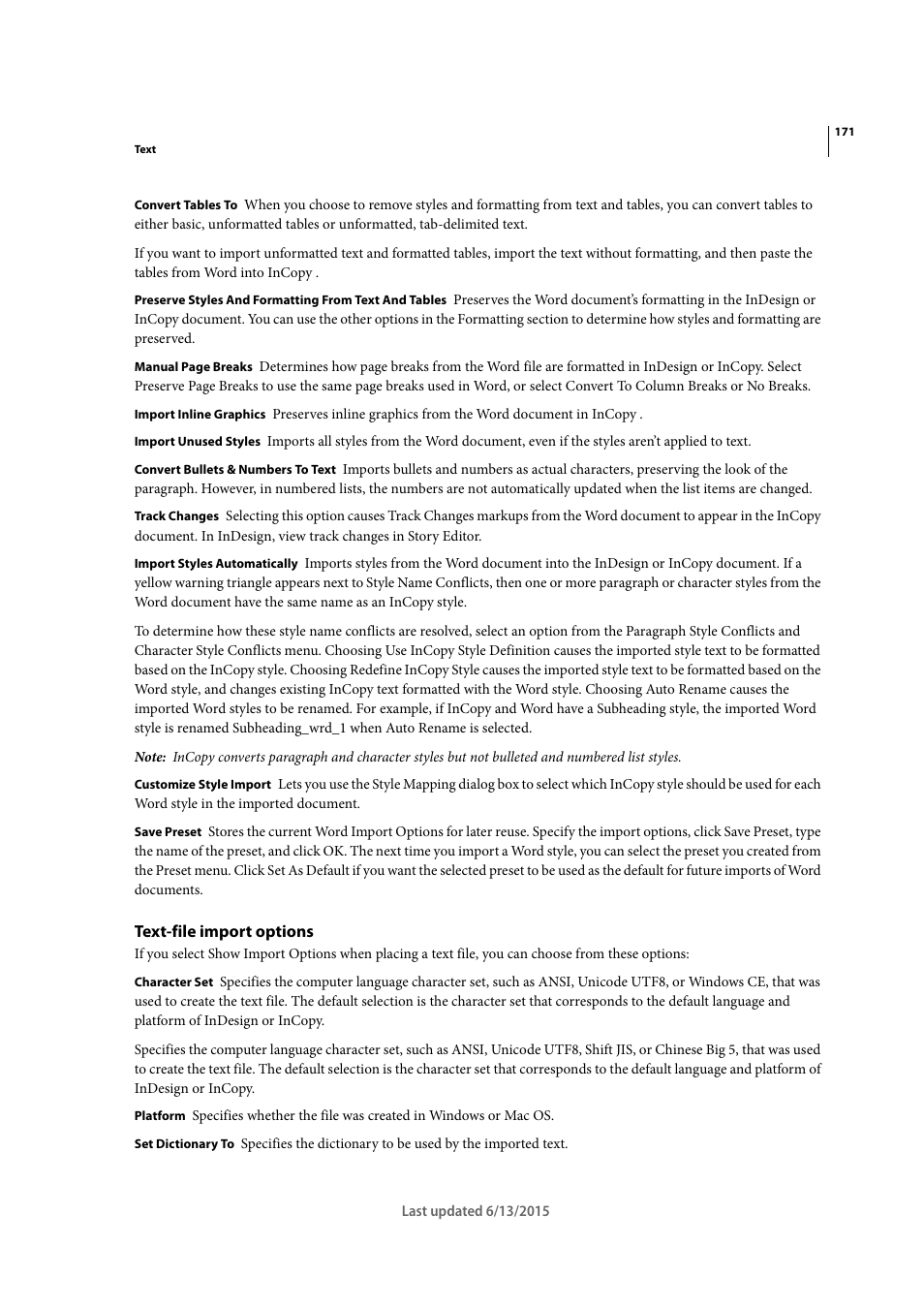 Text-file import options | Adobe InCopy CC 2015 User Manual | Page 174 / 393