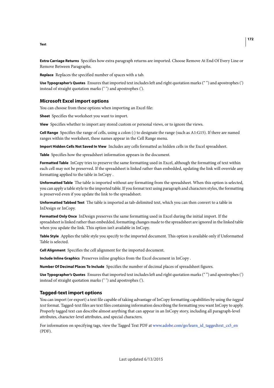 Microsoft excel import options, Tagged-text import options | Adobe InCopy CC 2015 User Manual | Page 175 / 393