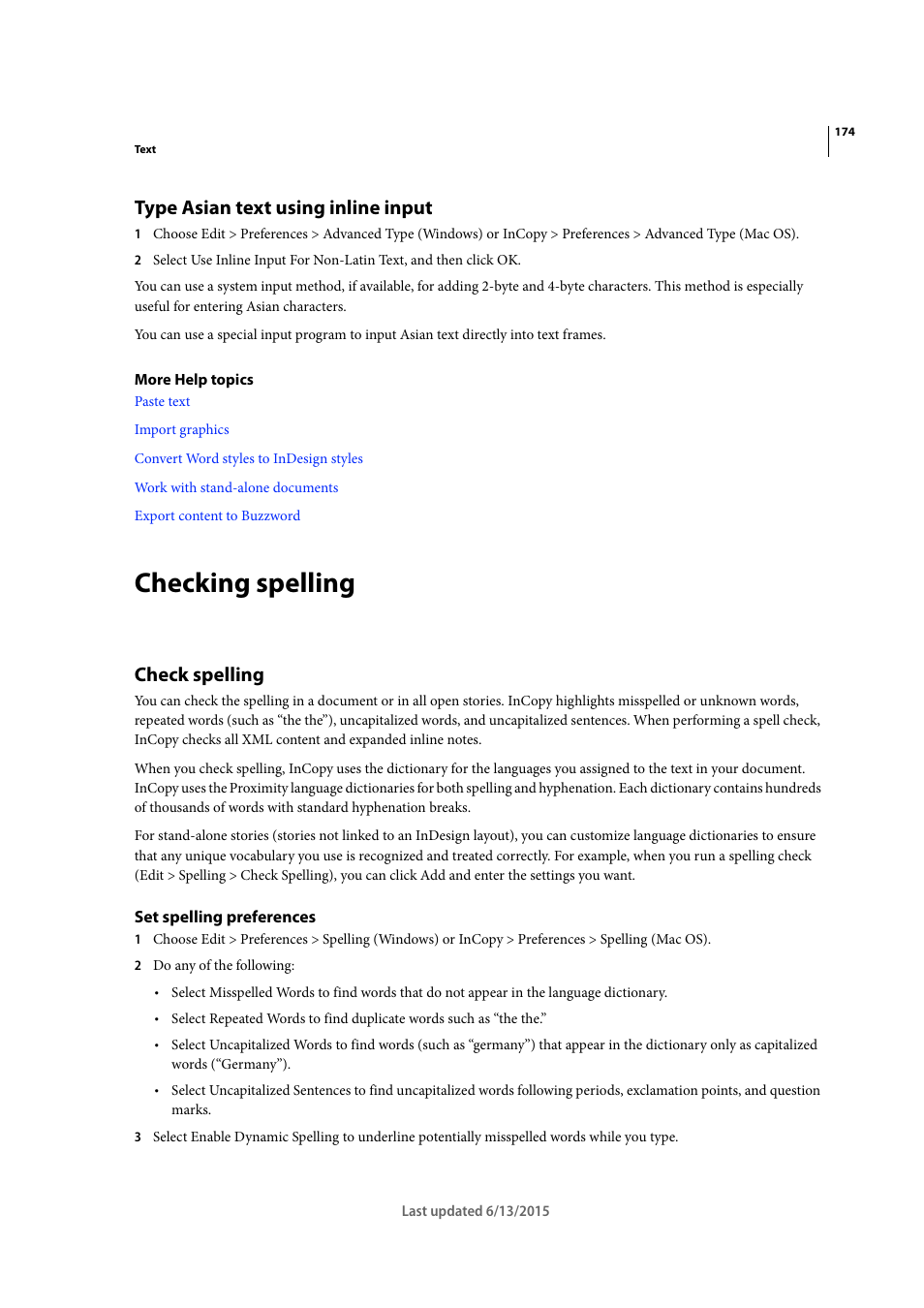 Type asian text using inline input, Checking spelling, Check spelling | Set spelling preferences | Adobe InCopy CC 2015 User Manual | Page 177 / 393