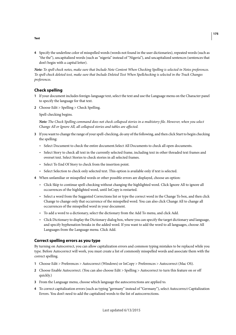 Check spelling, Correct spelling errors as you type | Adobe InCopy CC 2015 User Manual | Page 178 / 393