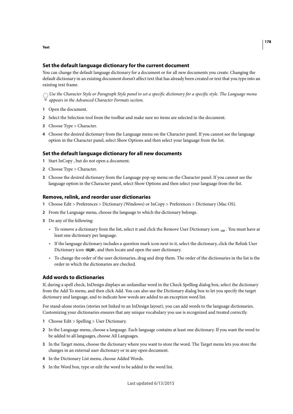 Remove, relink, and reorder user dictionaries, Add words to dictionaries | Adobe InCopy CC 2015 User Manual | Page 181 / 393