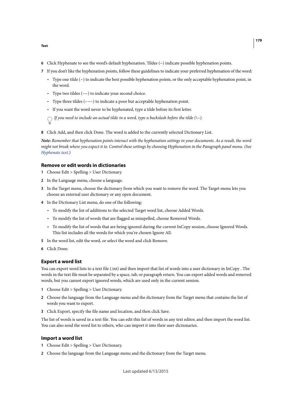 Remove or edit words in dictionaries, Export a word list, Import a word list | Adobe InCopy CC 2015 User Manual | Page 182 / 393