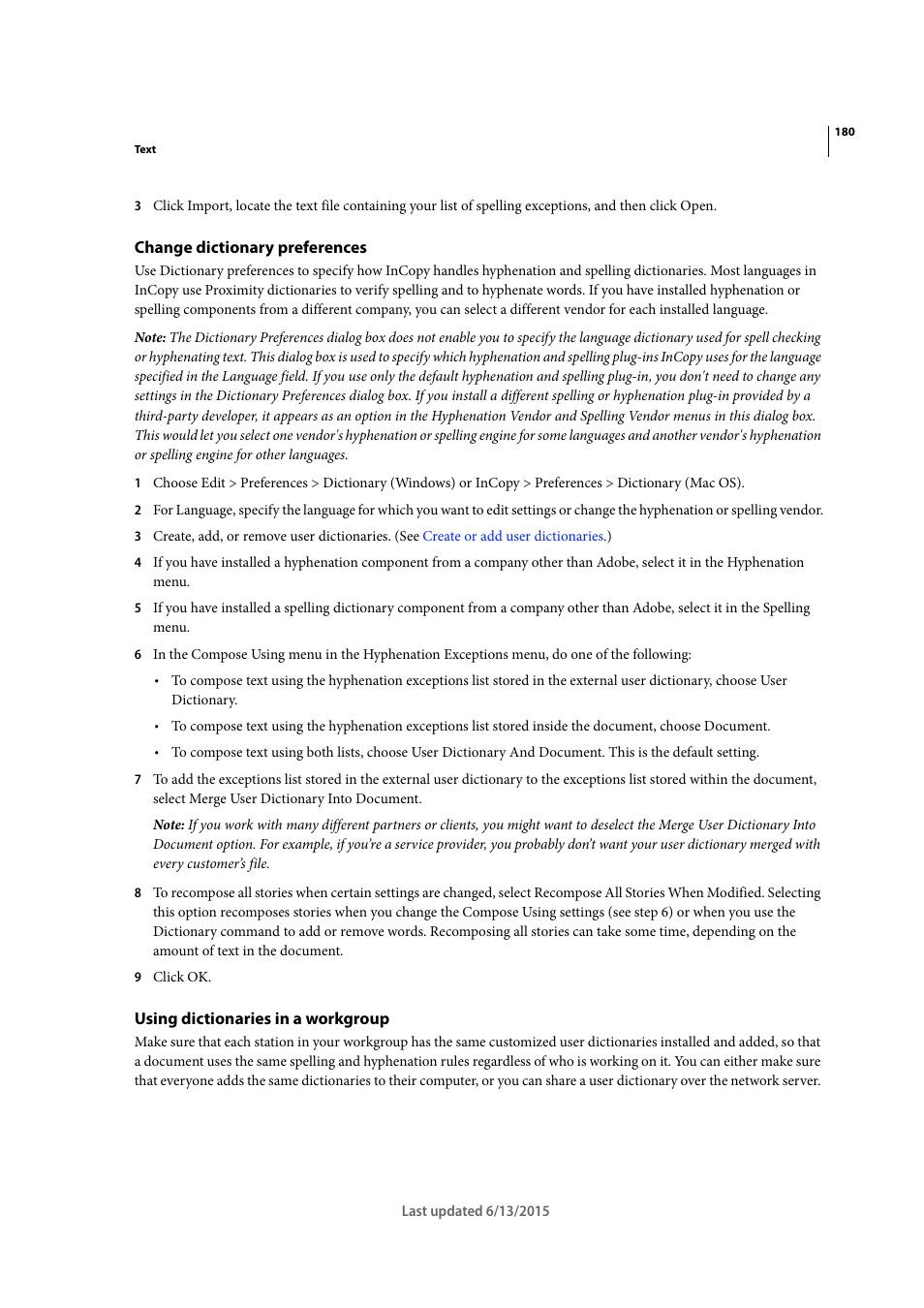 Change dictionary preferences, Using dictionaries in a workgroup | Adobe InCopy CC 2015 User Manual | Page 183 / 393