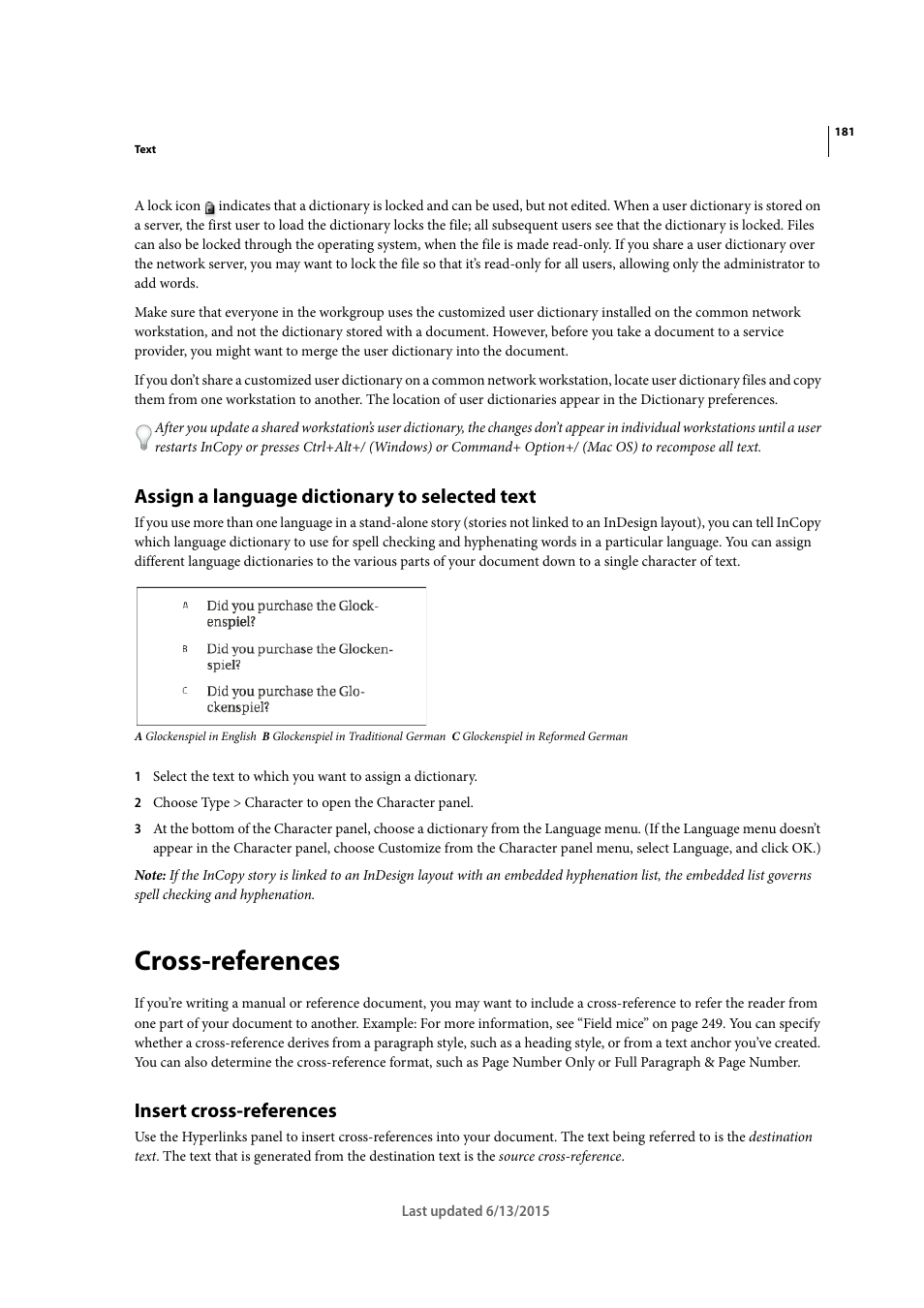 Assign a language dictionary to selected text, Cross-references, Insert cross-references | Adobe InCopy CC 2015 User Manual | Page 184 / 393