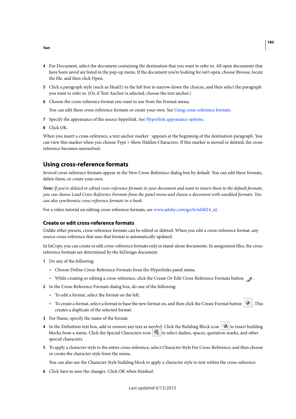 Using cross-reference formats, Create or edit cross-reference formats | Adobe InCopy CC 2015 User Manual | Page 186 / 393