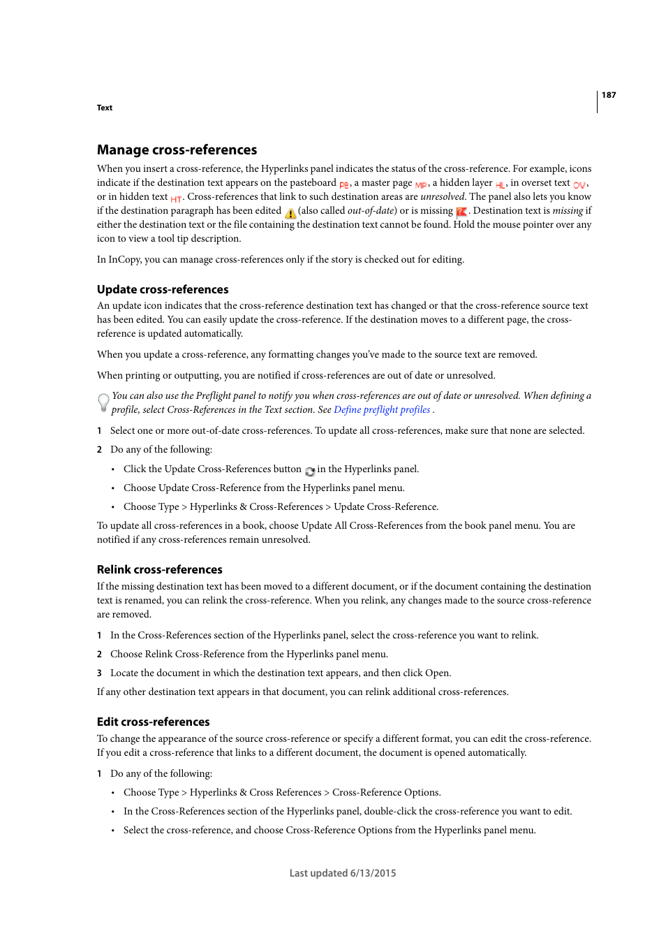 Manage cross-references, Update cross-references, Relink cross-references | Edit cross-references | Adobe InCopy CC 2015 User Manual | Page 190 / 393