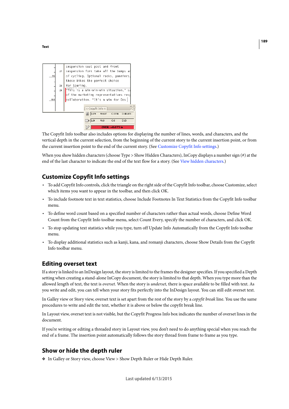 Customize copyfit info settings, Editing overset text, Show or hide the depth ruler | Editing overset, Text | Adobe InCopy CC 2015 User Manual | Page 192 / 393