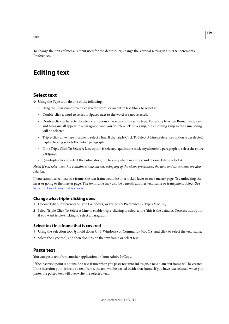 Editing text, Select text, Change what triple-clicking does | Select text in a frame that is covered, Paste text | Adobe InCopy CC 2015 User Manual | Page 193 / 393