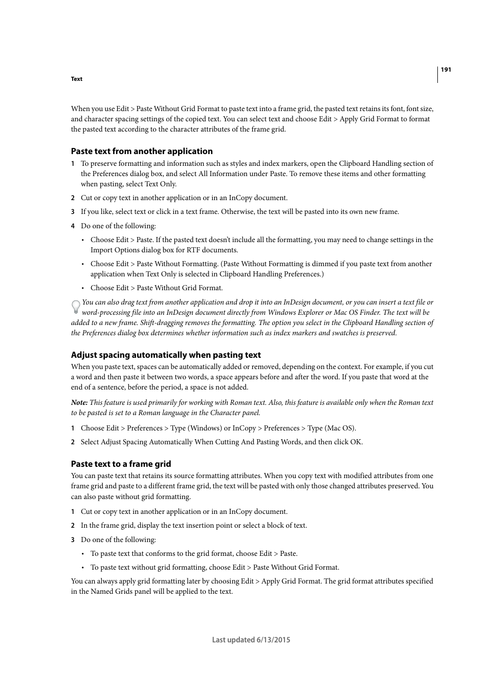 Paste text from another application, Adjust spacing automatically when pasting text, Paste text to a frame grid | Adobe InCopy CC 2015 User Manual | Page 194 / 393