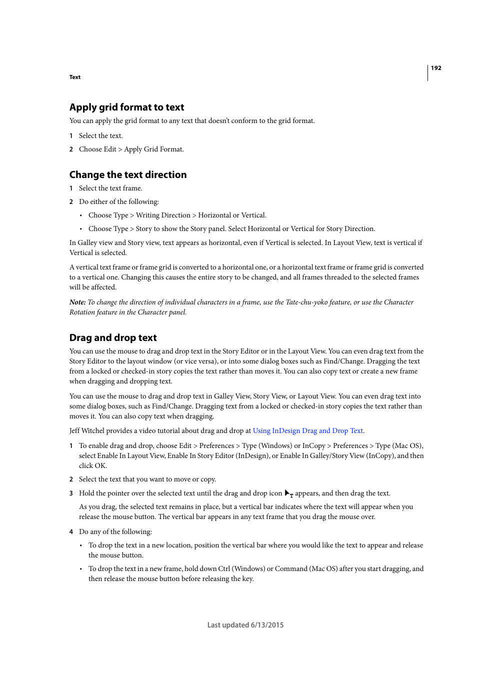 Apply grid format to text, Change the text direction, Drag and drop text | Adobe InCopy CC 2015 User Manual | Page 195 / 393