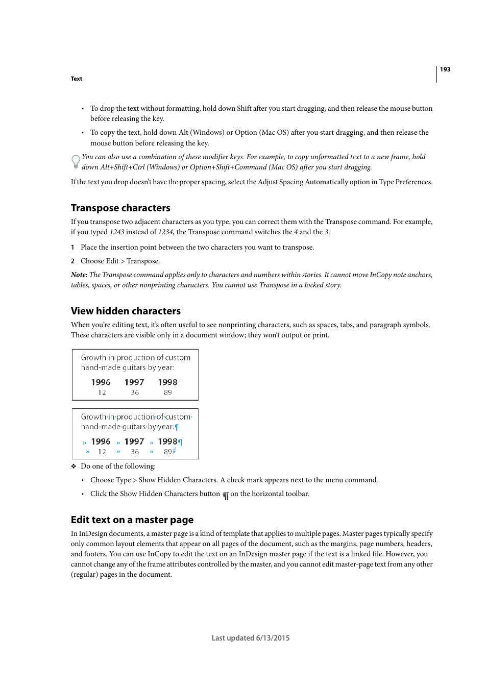 Transpose characters, View hidden characters, Edit text on a master page | Adobe InCopy CC 2015 User Manual | Page 196 / 393