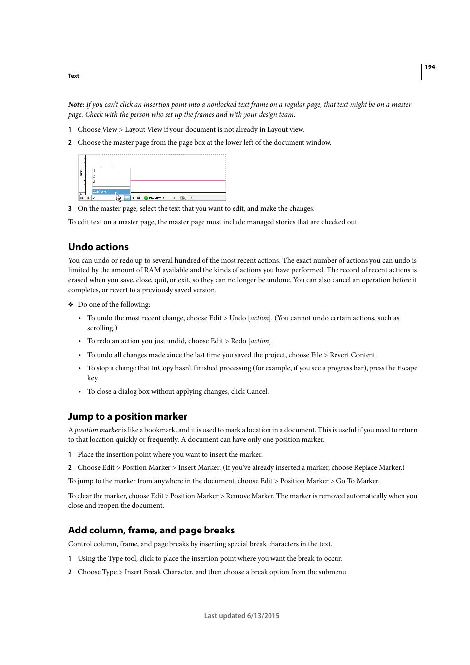 Undo actions, Jump to a position marker, Add column, frame, and page breaks | Adobe InCopy CC 2015 User Manual | Page 197 / 393