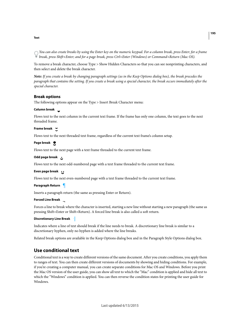 Break options, Use conditional text | Adobe InCopy CC 2015 User Manual | Page 198 / 393