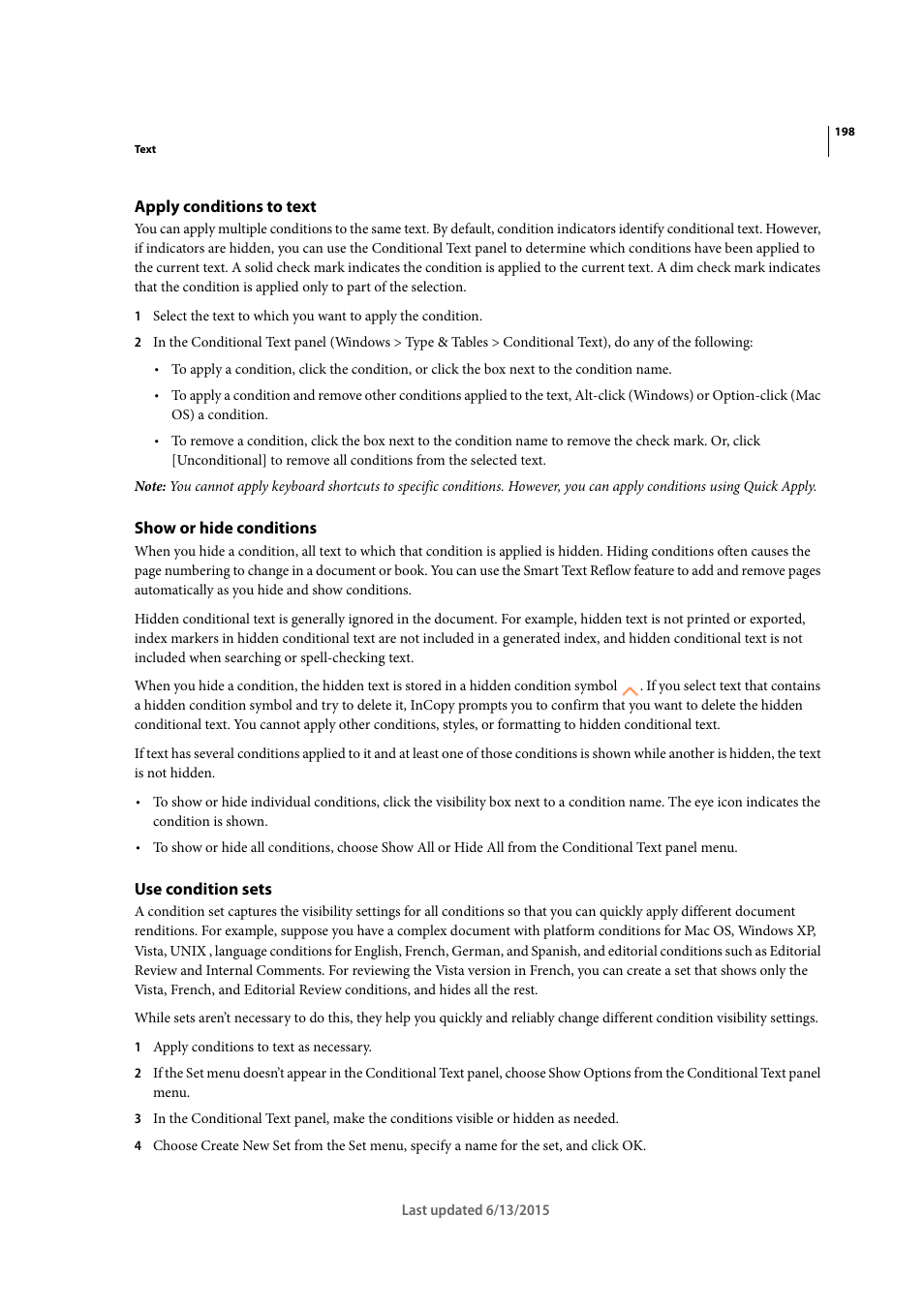 Apply conditions to text, Show or hide conditions, Use condition sets | Adobe InCopy CC 2015 User Manual | Page 201 / 393