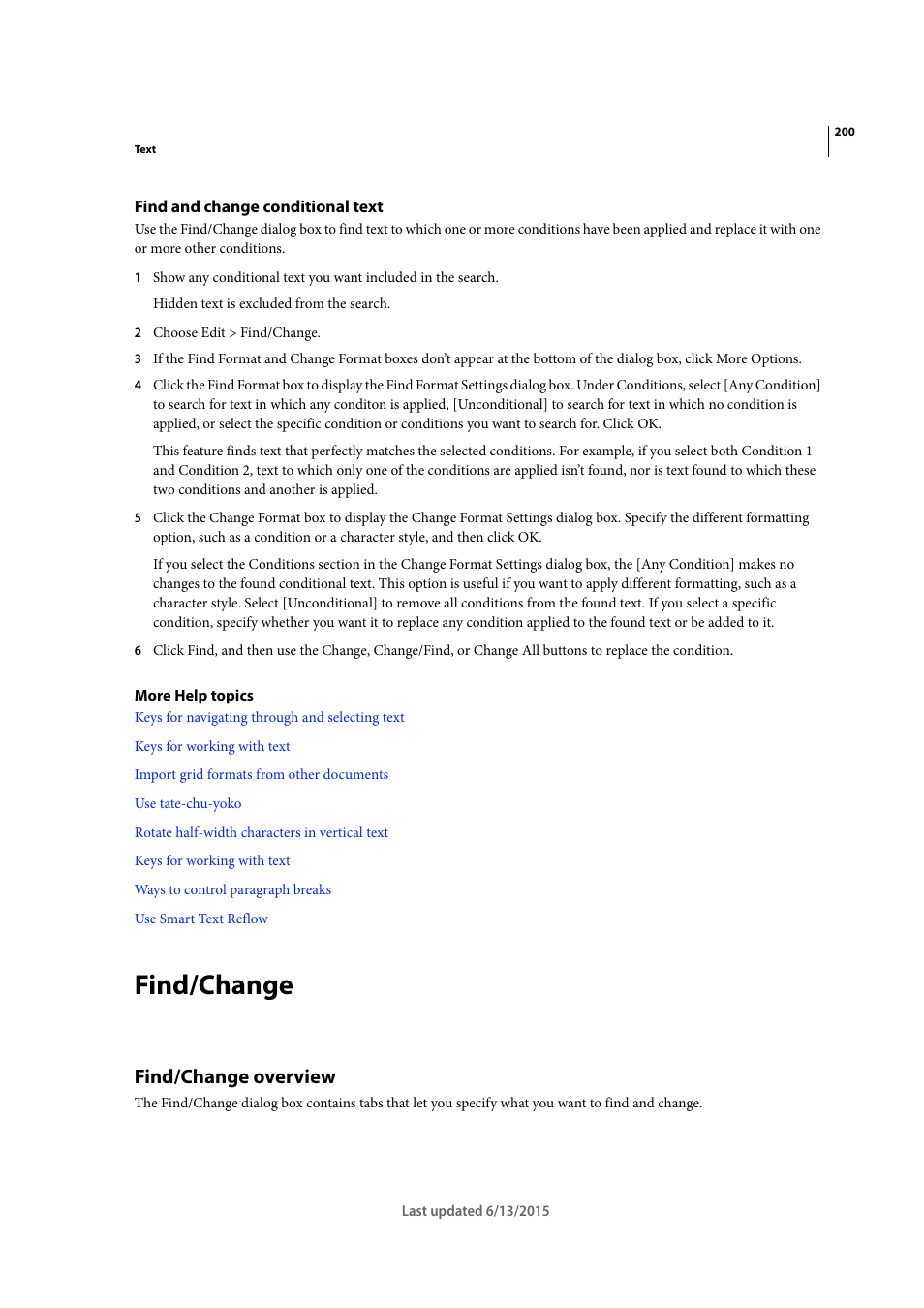 Find and change conditional text, Find/change, Find/change overview | Adobe InCopy CC 2015 User Manual | Page 203 / 393