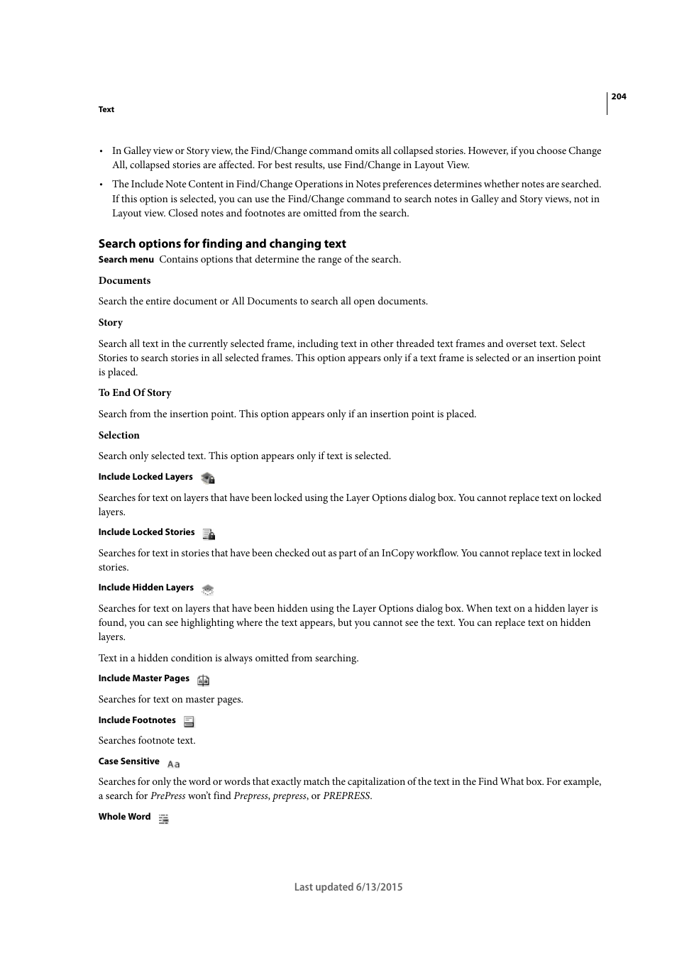 Search options for finding and changing text | Adobe InCopy CC 2015 User Manual | Page 207 / 393