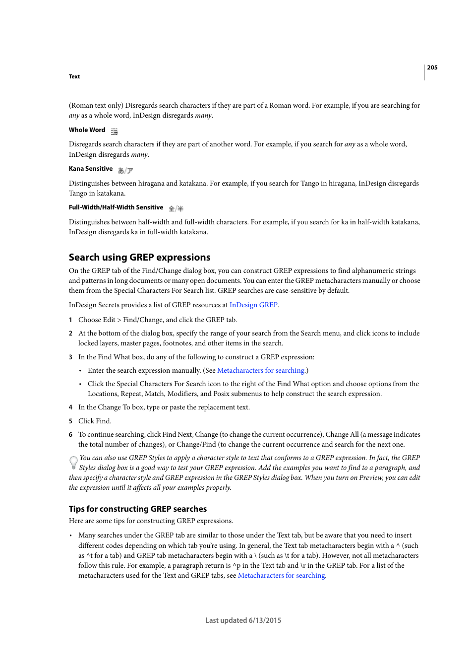 Search using grep expressions, Tips for constructing grep searches | Adobe InCopy CC 2015 User Manual | Page 208 / 393