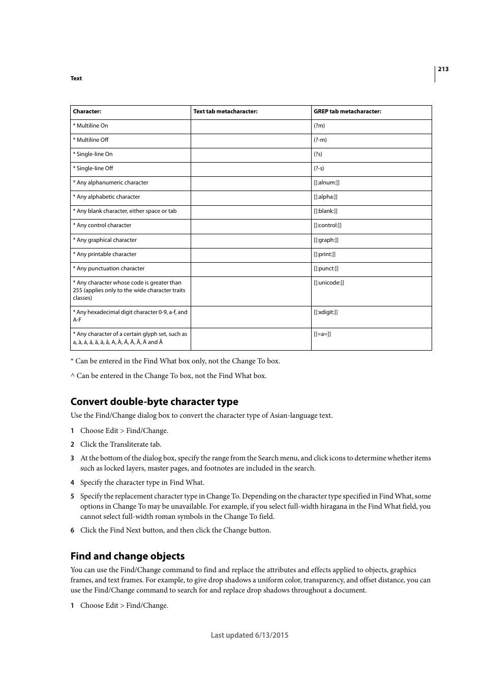 Convert double-byte character type, Find and change objects | Adobe InCopy CC 2015 User Manual | Page 216 / 393