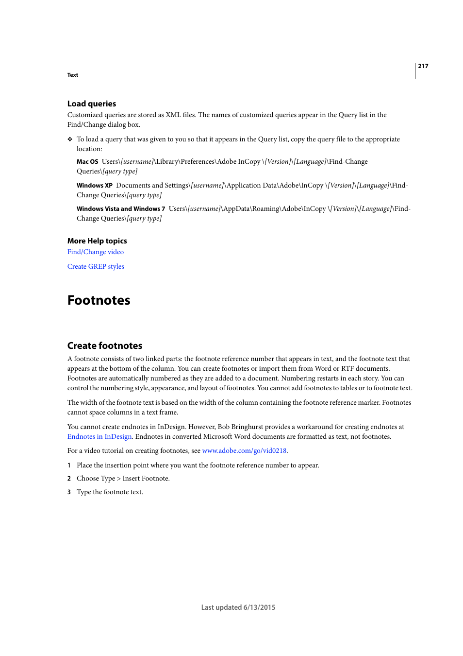 Load queries, Footnotes, Create footnotes | Adobe InCopy CC 2015 User Manual | Page 220 / 393