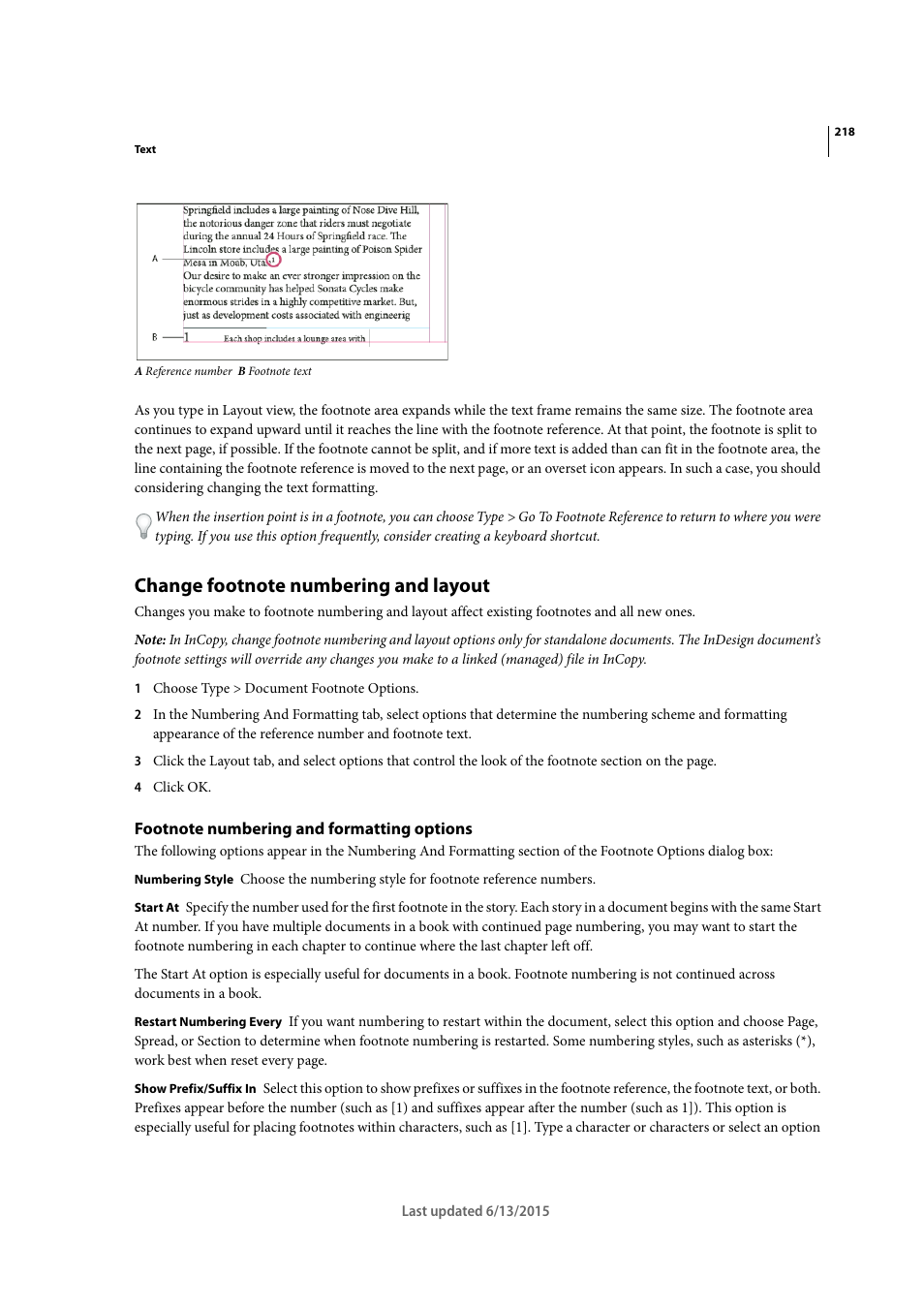 Change footnote numbering and layout, Footnote numbering and formatting options | Adobe InCopy CC 2015 User Manual | Page 221 / 393