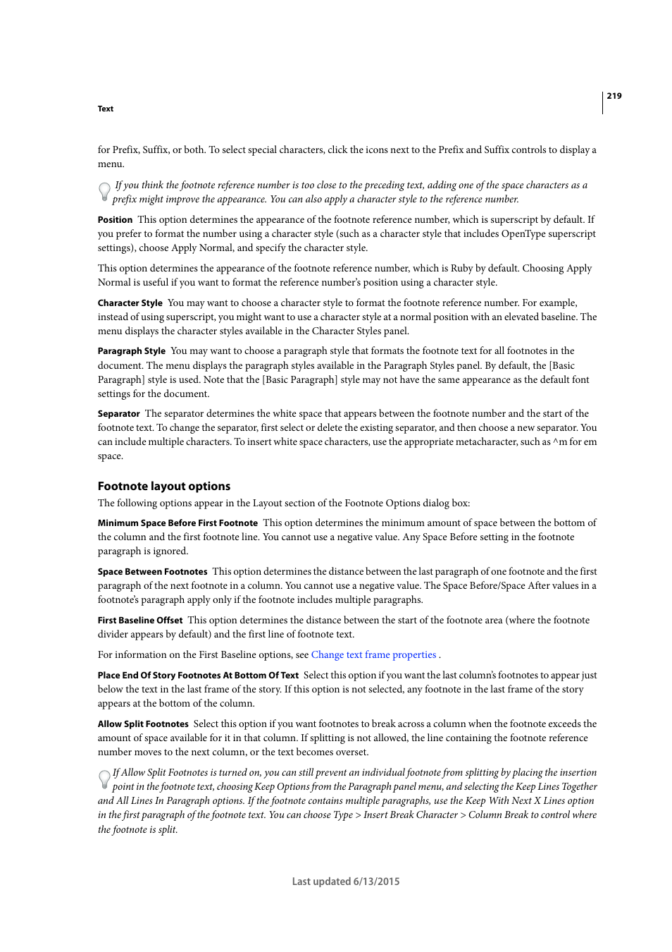 Footnote layout options | Adobe InCopy CC 2015 User Manual | Page 222 / 393