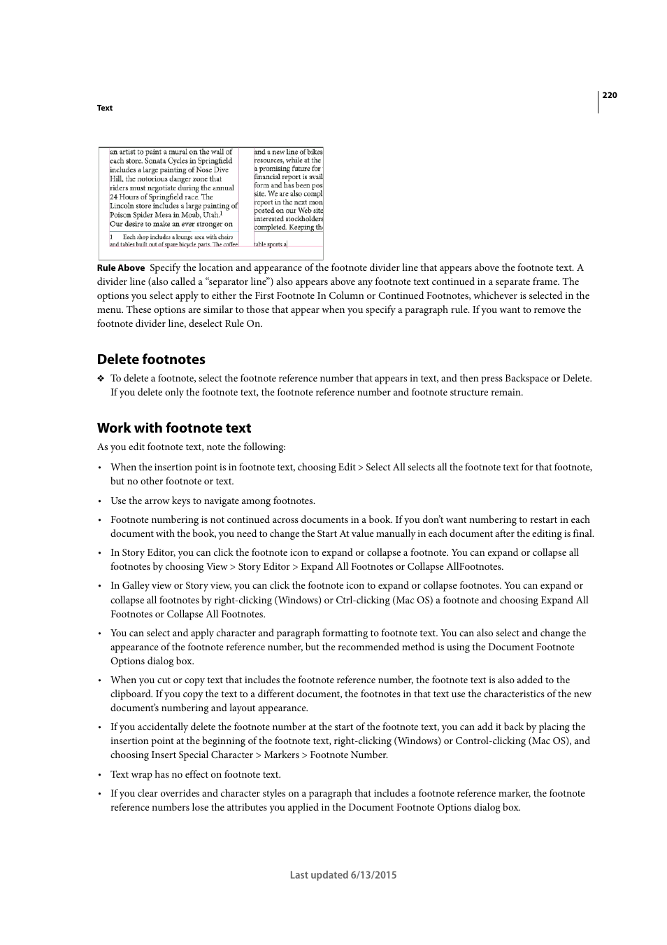 Delete footnotes, Work with footnote text | Adobe InCopy CC 2015 User Manual | Page 223 / 393