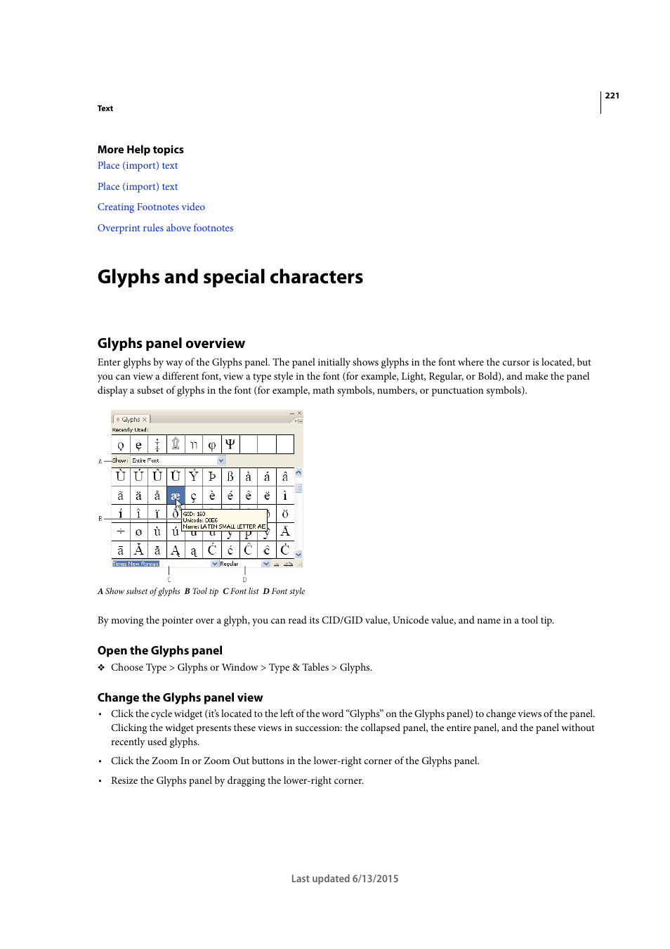 Glyphs and special characters, Glyphs panel overview, Open the glyphs panel | Change the glyphs panel view | Adobe InCopy CC 2015 User Manual | Page 224 / 393