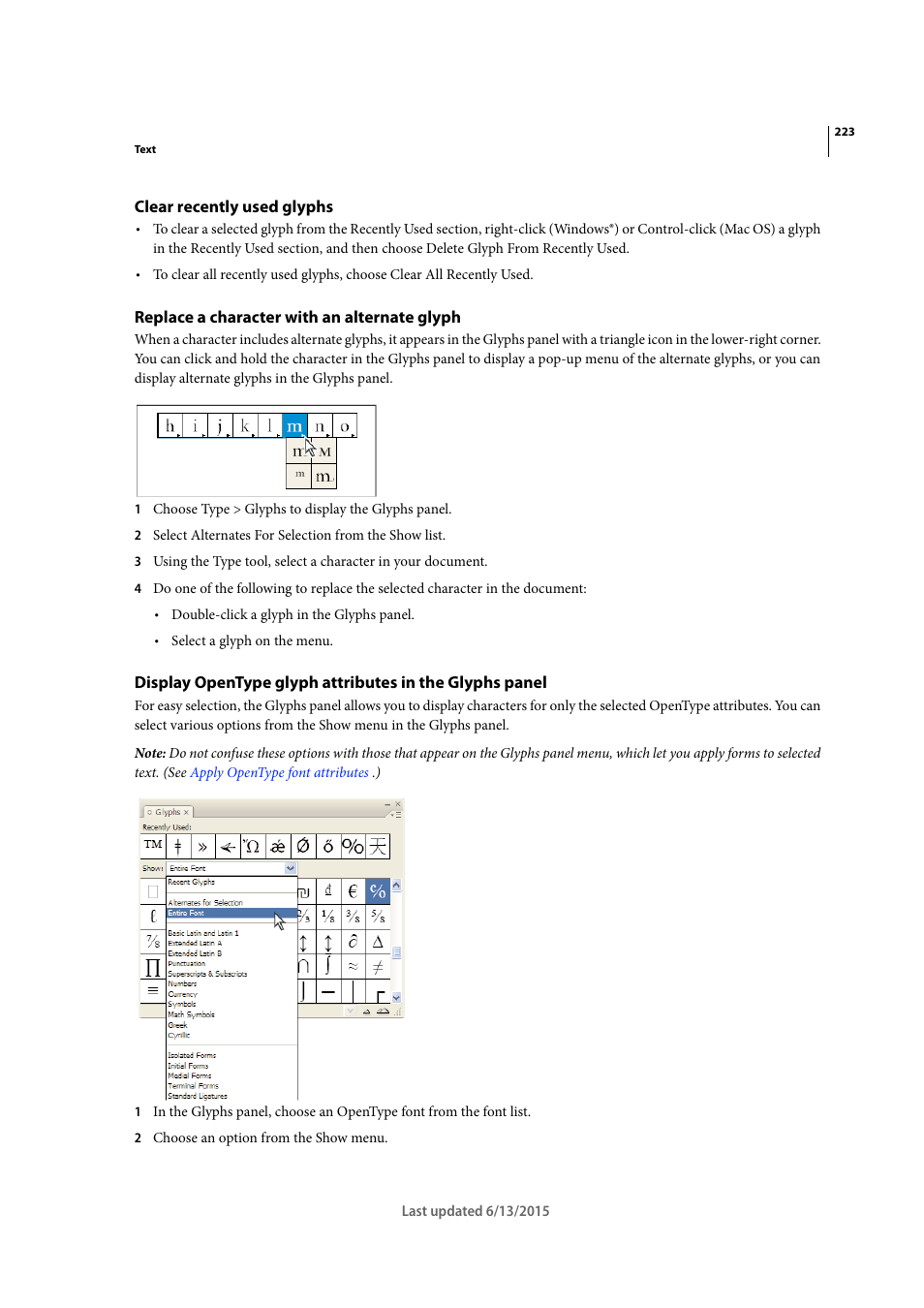 Clear recently used glyphs, Replace a character with an alternate glyph | Adobe InCopy CC 2015 User Manual | Page 226 / 393