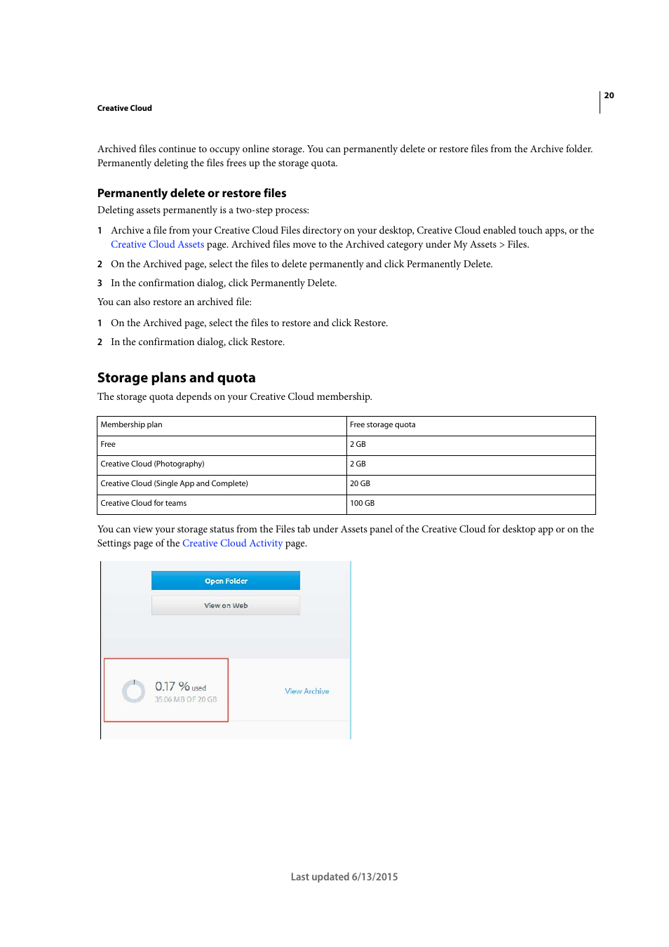 Permanently delete or restore files, Storage plans and quota | Adobe InCopy CC 2015 User Manual | Page 23 / 393