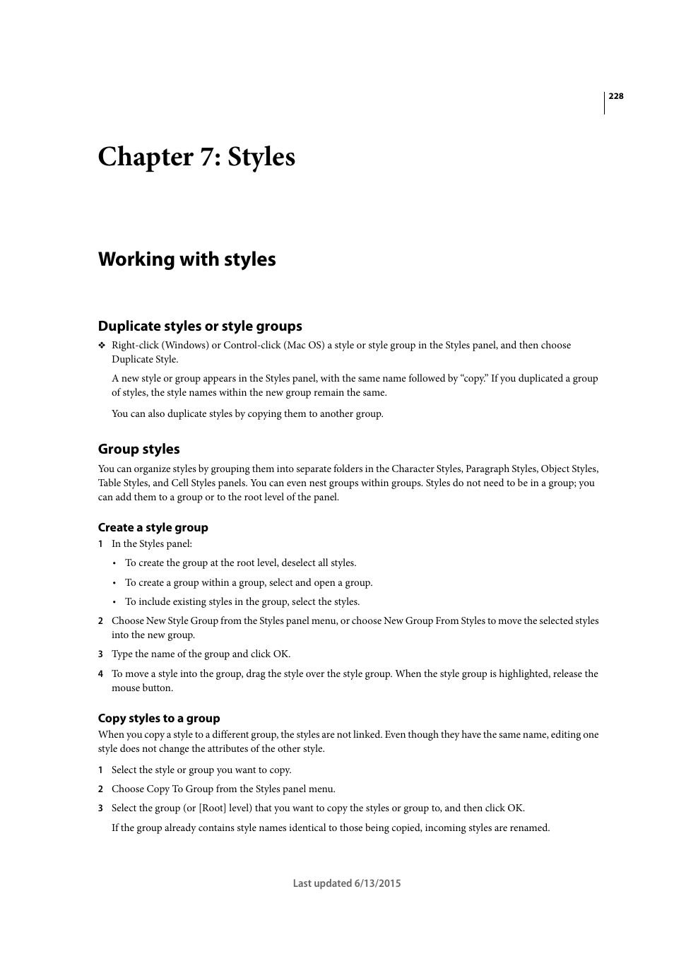 Chapter 7: styles, Working with styles, Duplicate styles or style groups | Group styles, Create a style group, Copy styles to a group | Adobe InCopy CC 2015 User Manual | Page 231 / 393