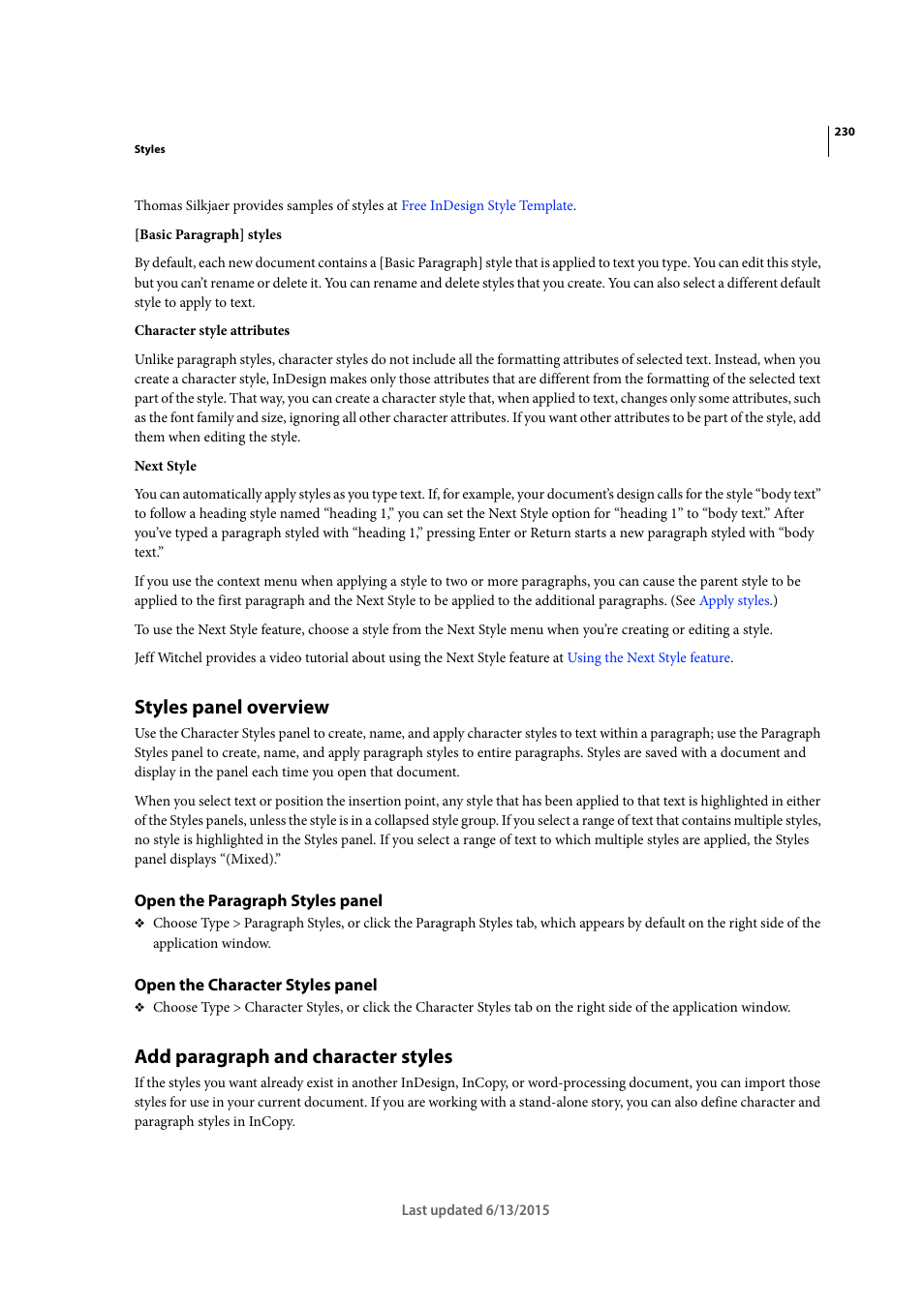 Styles panel overview, Open the paragraph styles panel, Open the character styles panel | Add paragraph and character styles | Adobe InCopy CC 2015 User Manual | Page 233 / 393