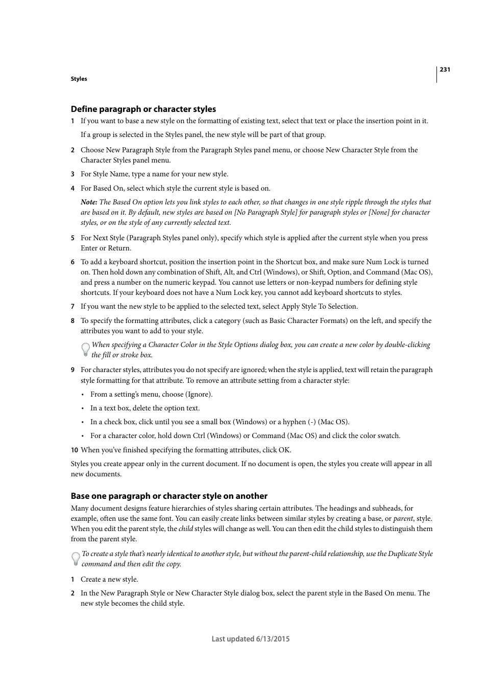 Define paragraph or character styles, Base one paragraph or character style on another | Adobe InCopy CC 2015 User Manual | Page 234 / 393