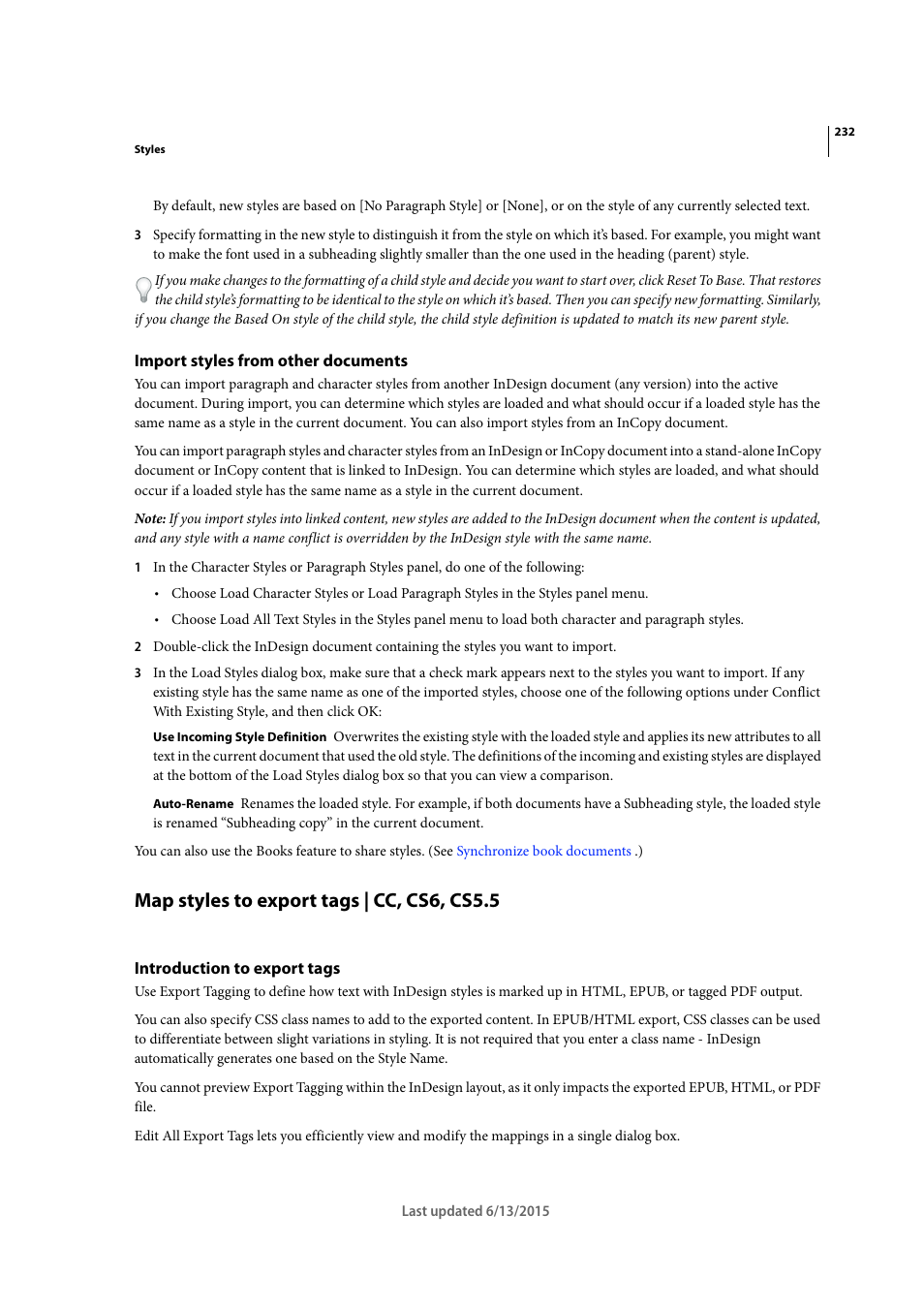 Import styles from other documents, Map styles to export tags | cc, cs6, cs5.5, Introduction to export tags | Adobe InCopy CC 2015 User Manual | Page 235 / 393