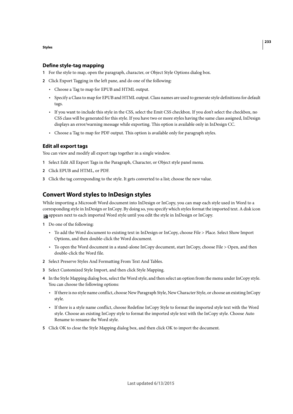 Define style-tag mapping, Edit all export tags, Convert word styles to indesign styles | Adobe InCopy CC 2015 User Manual | Page 236 / 393