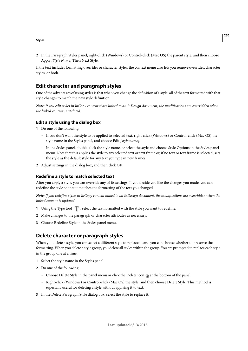 Edit character and paragraph styles, Edit a style using the dialog box, Redefine a style to match selected text | Delete character or paragraph styles | Adobe InCopy CC 2015 User Manual | Page 238 / 393