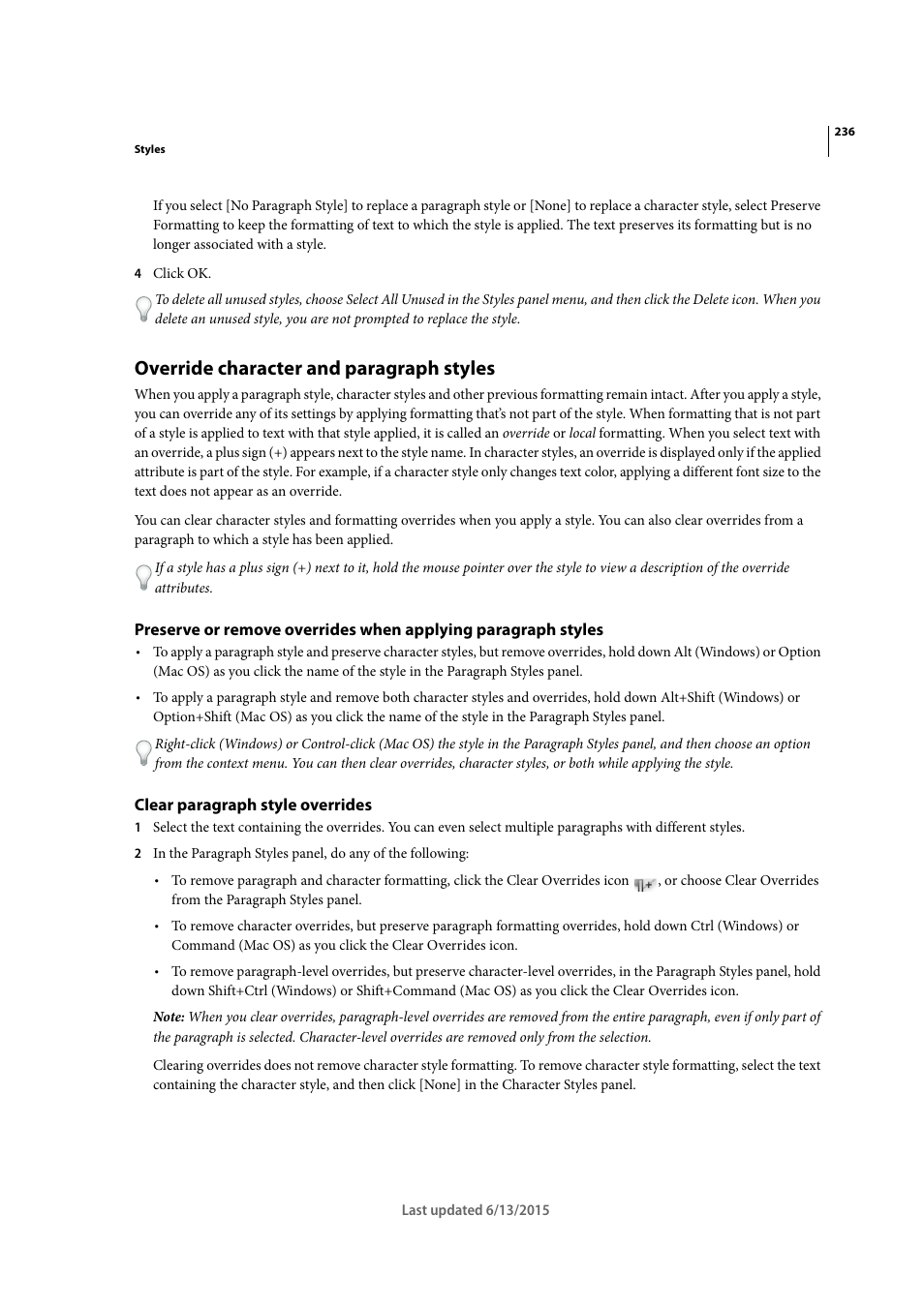 Override character and paragraph styles, Clear paragraph style overrides | Adobe InCopy CC 2015 User Manual | Page 239 / 393