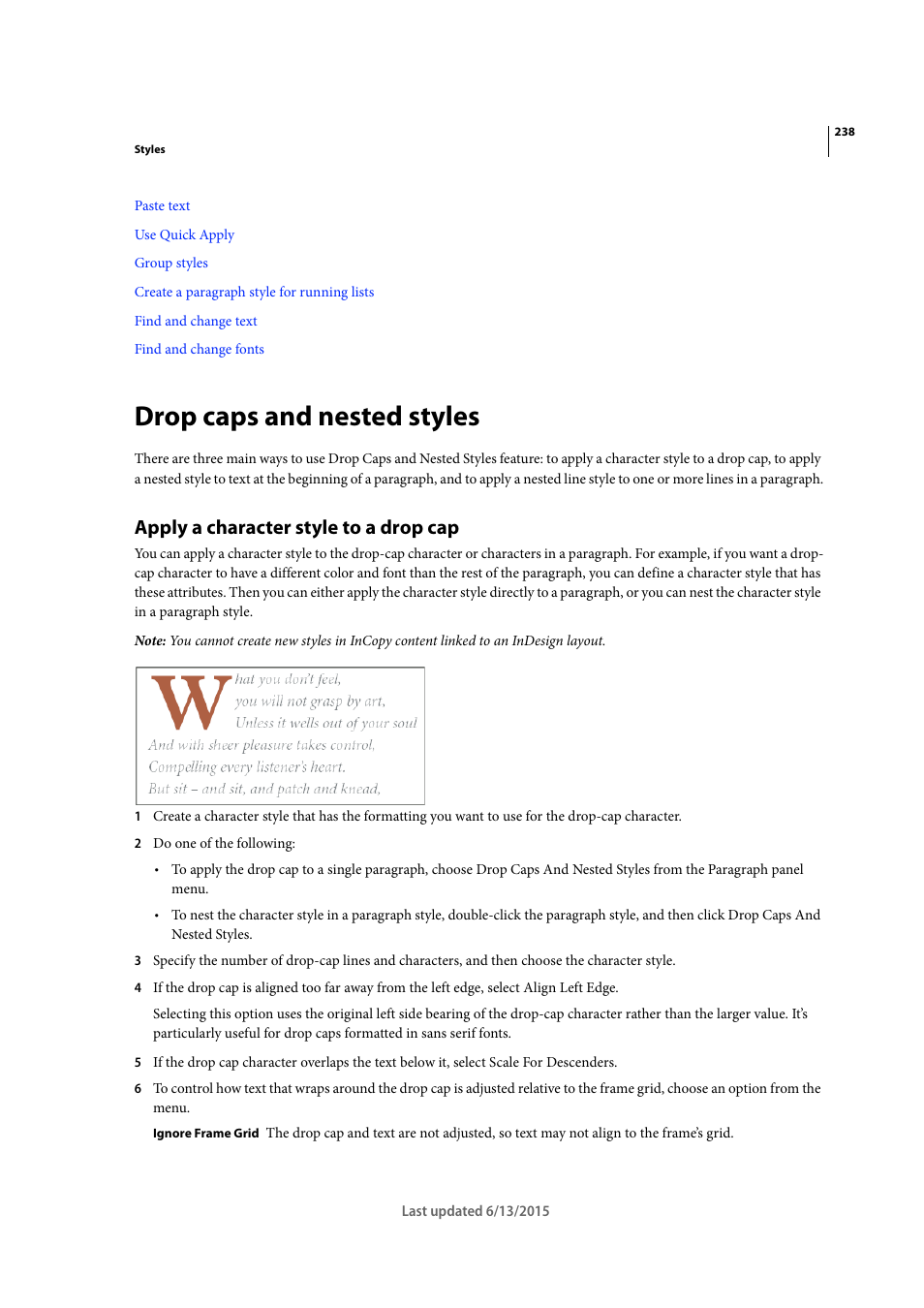 Drop caps and nested styles, Apply a character style to a drop cap | Adobe InCopy CC 2015 User Manual | Page 241 / 393