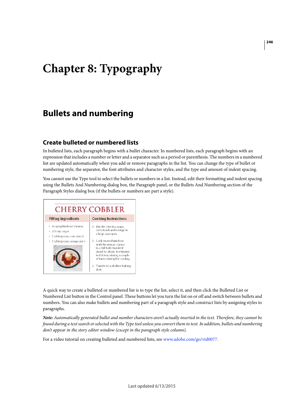 Chapter 8: typography, Bullets and numbering, Create bulleted or numbered lists | Adobe InCopy CC 2015 User Manual | Page 249 / 393