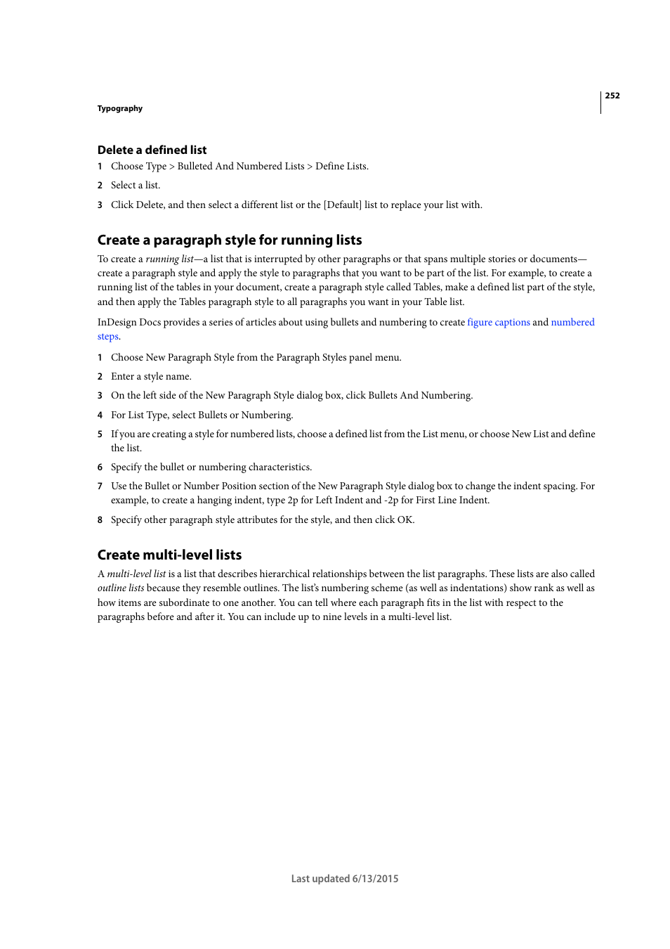 Delete a defined list, Create a paragraph style for running lists, Create multi-level lists | Adobe InCopy CC 2015 User Manual | Page 255 / 393