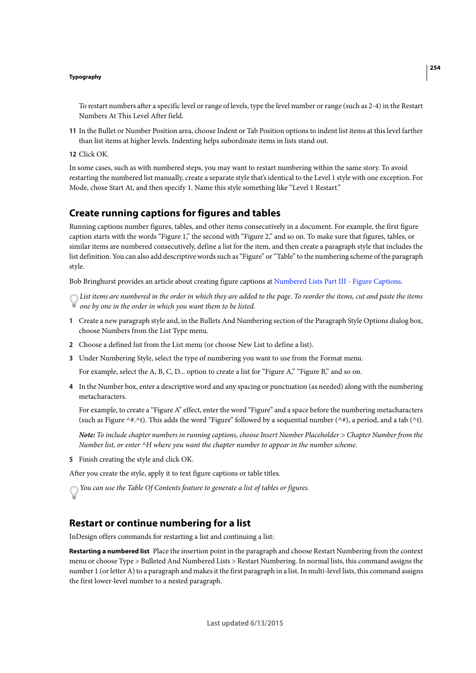 Create running captions for figures and tables, Restart or continue numbering for a list | Adobe InCopy CC 2015 User Manual | Page 257 / 393