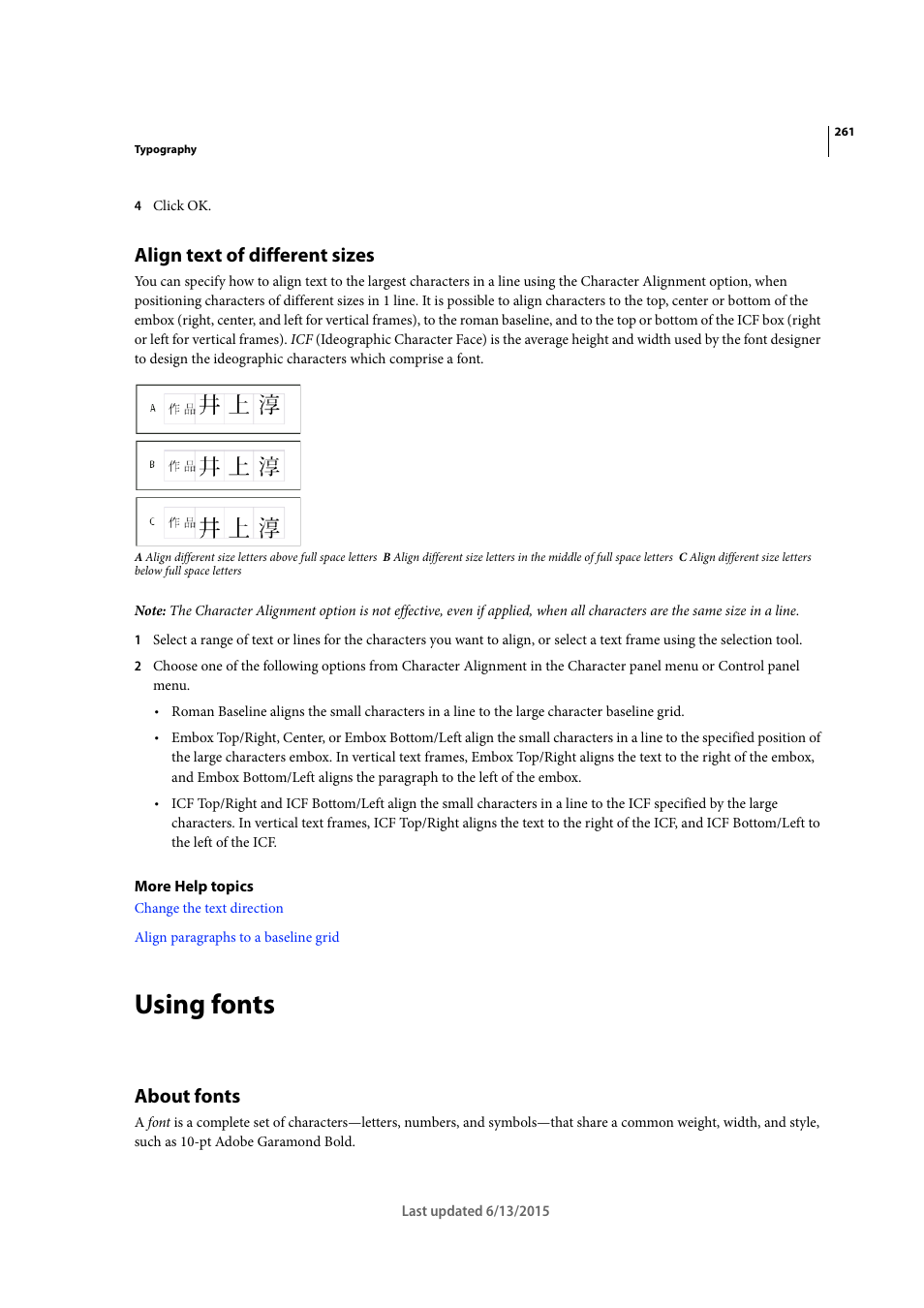 Align text of different sizes, Using fonts, About fonts | Adobe InCopy CC 2015 User Manual | Page 264 / 393